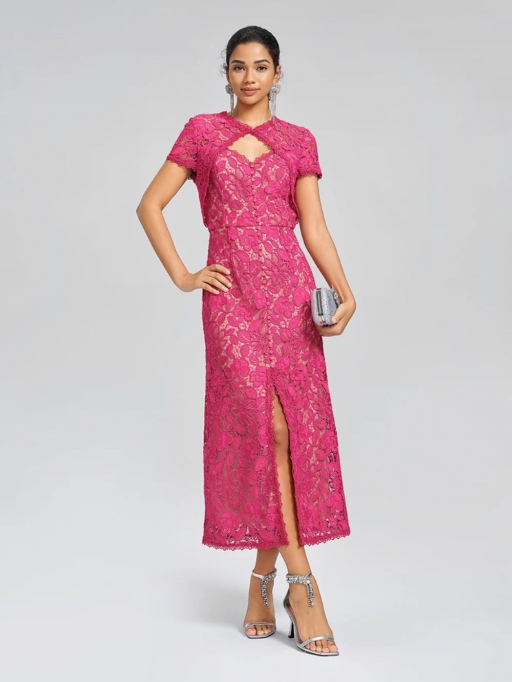 Richradiqs Lace Covered-Button Wedding Guest dress